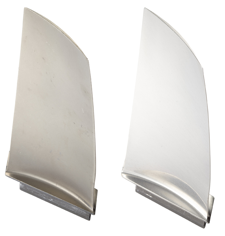 Aerospace compressor blade before and after surface finishing