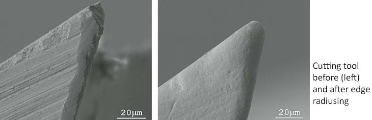 Magnified image showing edge honing on cutting tool